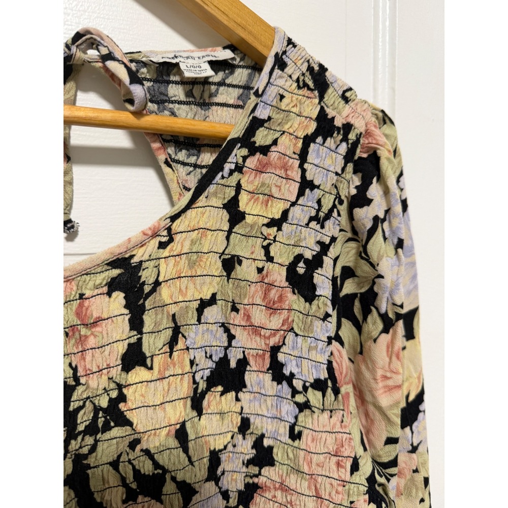 American Eagle Vintage Floral Smocked Romper Long Sleeve Pockets Black Large - Picture 3 of 11